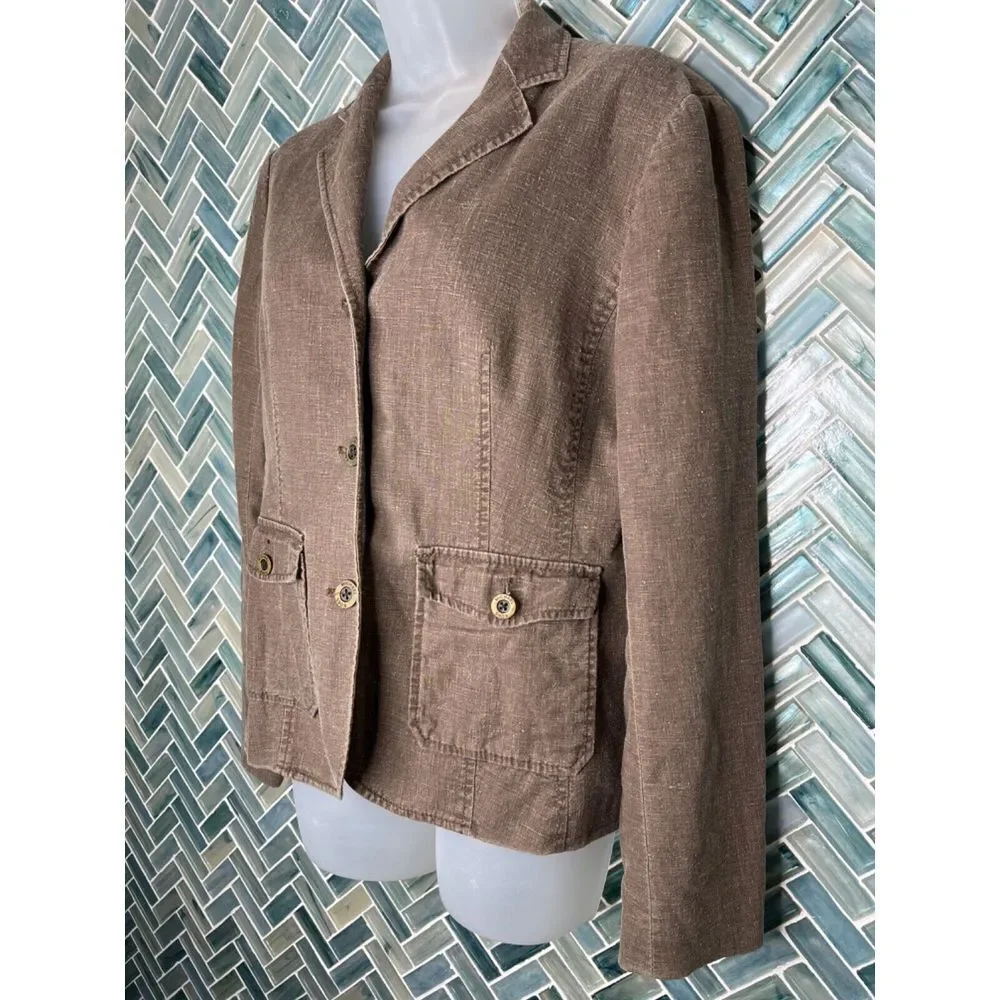 MICHAEL MICHAEL KORS WOMENS BROWN NEUTRAL LINEN BLEND FITTED JACKET BLAZER SZ 10